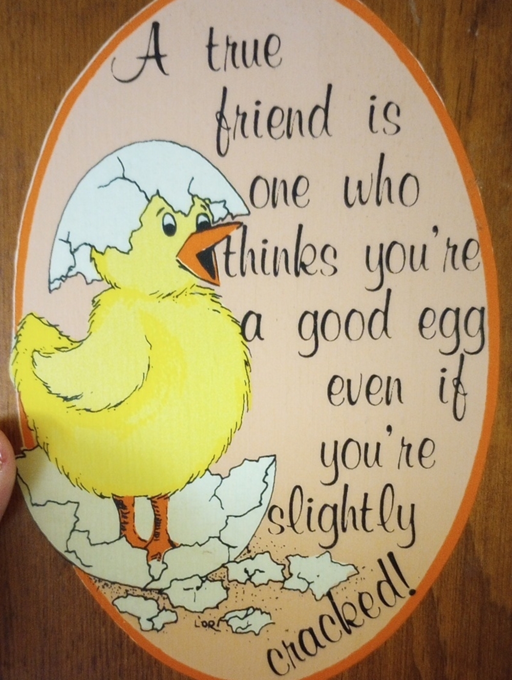 Vintage Wood Friendship Wall Decor w/ Chick & Egg. Brown Yellow Orange White - Picture 2 of 5
